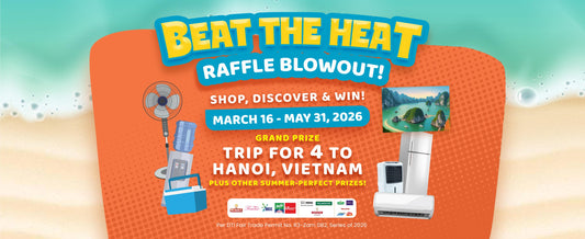 Banner with promo details and photos of Royal Duty Free's Beat The Heat Raffle Blowout in the middle.