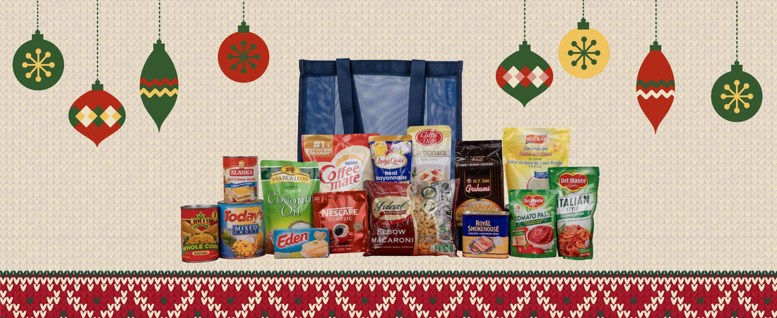 Groceries for Christmas Noche Buena on an illustrated background with a Christmas sweater texture and patterns