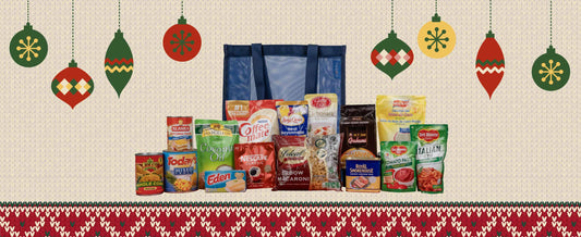 Groceries for Christmas Noche Buena on an illustrated background with a Christmas sweater texture and patterns