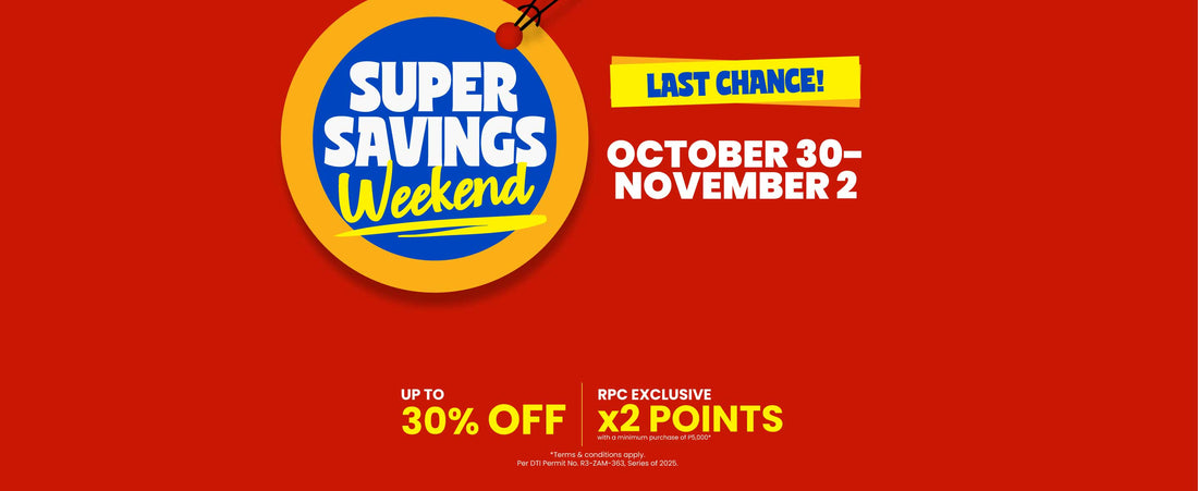 Red banner with round price tag illustration in the middle that says "Super Savings Weekend" with event information below.