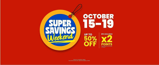 Red banner with round price tag illustration in the middle that says "Super Savings Weekend" with event information on the right.