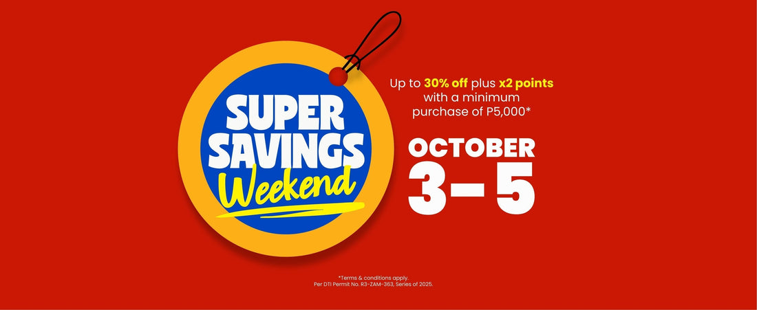 Red banner with round price tag illustration in the middle that says "Super Savings Weekend" with event information on the right.