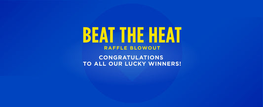 Blue banner with Beat the Heat Raffle Blowout title in the middle. 