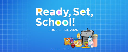 Blue banner with "Ready, Set, School" with event information and photos of school essentials below.