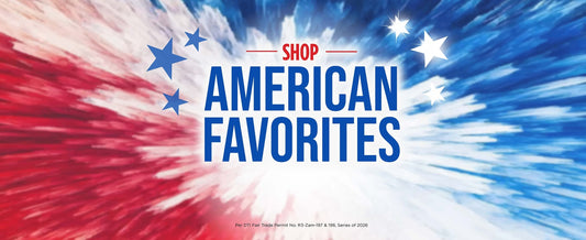 A white, blue, and red banner with Shop American Favorites title in the middle and 3 blue stars on the left and 3 white stars on the right.