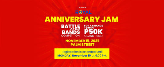 A red banner with event details of Royal Anniversary Jam Battle of the Bands competition in the middle. 