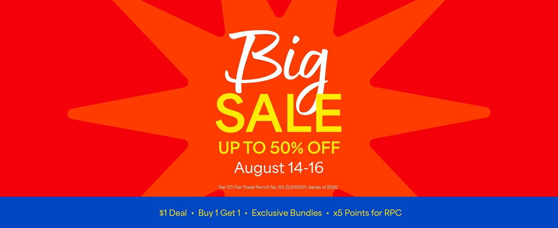 Red banner with orange star in the middle featuring a Big Sale text and promo details in the middle and a blue line at the bottom with more promo offers. 