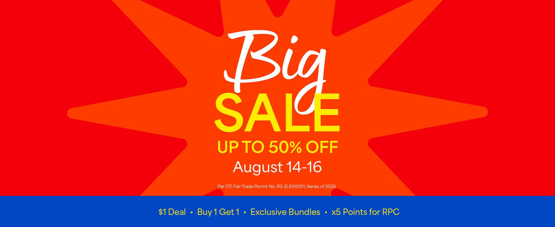 Red banner with orange star in the middle featuring a Big Sale text and promo details in the middle and a blue line at the bottom with more promo offers. 