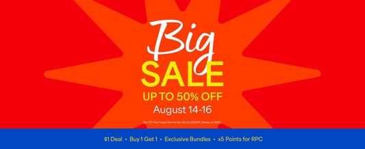 Red banner with orange star in the middle featuring a Big Sale text and promo details in the middle and a blue line at the bottom with more promo offers. 