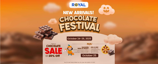 Orange and brown banner with chocolates, and halloween elements in the middle and a copy that says "New Arrivals! Chocolate Festival" with event information below.
