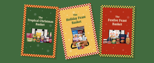 An image of three themed Christmas Gift Baskets from Royal Duty Free, featuring a variety of food and beverages from the Feast to Remember cover set: The Festive Feast Basket, The Tropical Christmas Basket, and The Holiday Feast Basket.