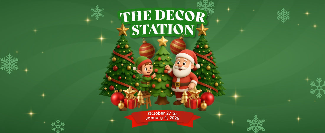 Green banner for Royal's The Decor Station catalog with a small Christmas tree, Santa, and an Elf in the middle, and dates below.