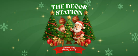 Green banner for Royal's The Decor Station catalog with a small Christmas tree, Santa, and an Elf in the middle, and dates below.