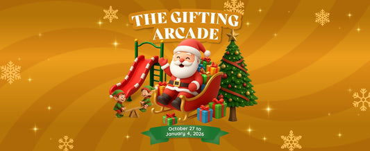 Yellow banner for Royal's The Gifting Arcade catalog with a small Christmas tree, Santa, little elves in the middle and dates below.