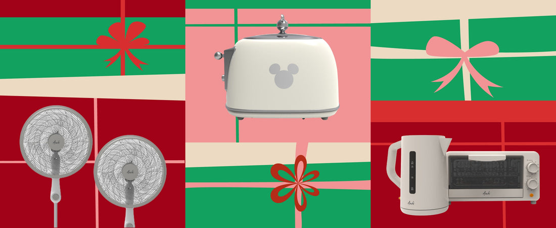 A graphic illustration with a mix of Royal appliances products for an appliances gift guide from Royal Duty Free, featuring a variety of home appliances including electric fans, bread toaster, electric kettle, and microwave oven