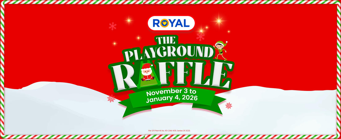 A red, white, and green banner with event details of Royal Playground Raffle in the middle.