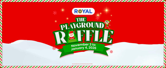 A red, white, and green banner with event details of Royal Playground Raffle in the middle.
