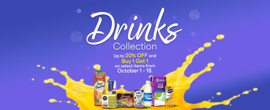 A purple banner with featuring various drinks surrounded by a golden splash, promoting the Royal Drinks Collection sale from October 1-18, 2026.