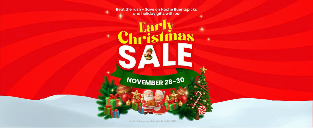 Red and white banner for Royal's Early Christmas Sale with a small Christmas tree, Mr. and Mrs. Klaus, gift boxes and Christmas ornaments below. 
