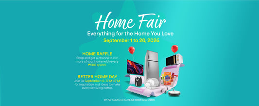 A turquoise banner with a teal splash star in the center featuring Home Fair text and promo details, with home appliances and household consumables at the side.