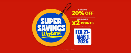 Red banner with round price tag illustration in the middle that says "Super Savings Weekend" with event information on the right side.