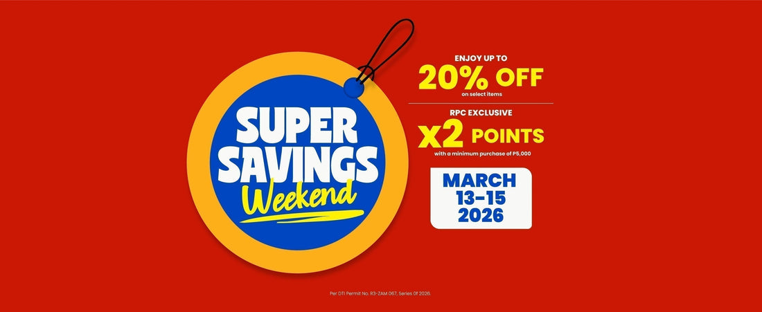 Red banner with round price tag illustration in the middle that says "Super Savings Weekend" with event information on the right side.