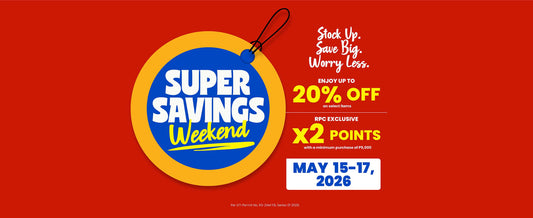 Red banner with round price tag illustration in the middle that says "Super Savings Weekend" with event information on the right side.