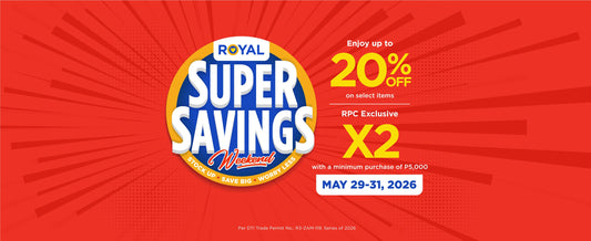 Red banner with round logo in the middle that says "Super Savings Weekend" with event information on the right side.