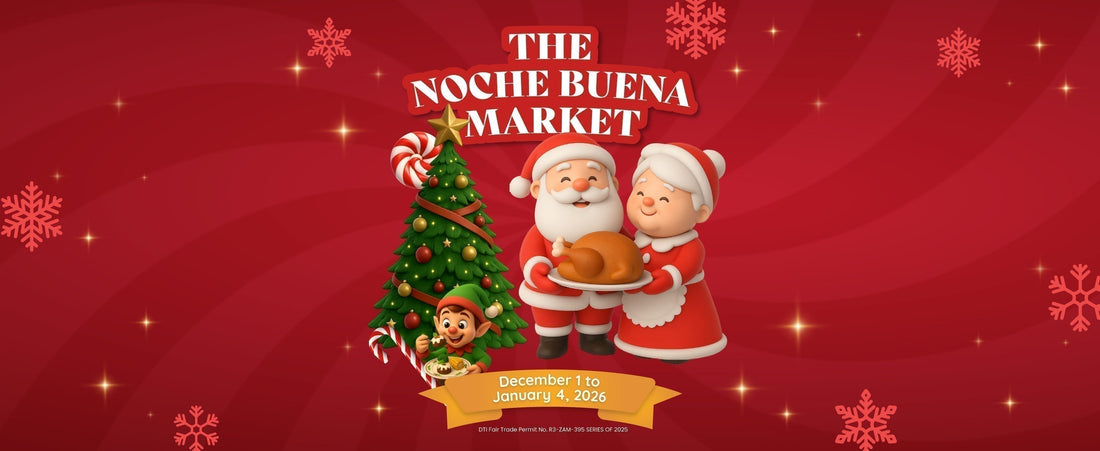 Red banner for Royal's Noche Buena Market Catalog with a small Christmas tree, Mr. and Mrs. Klaus, an elf in the middle, and a yellow banner below with dates. 