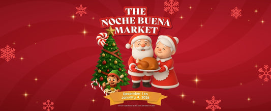 Red banner for Royal's Noche Buena Market Catalog with a small Christmas tree, Mr. and Mrs. Klaus, an elf in the middle, and a yellow banner below with dates. 