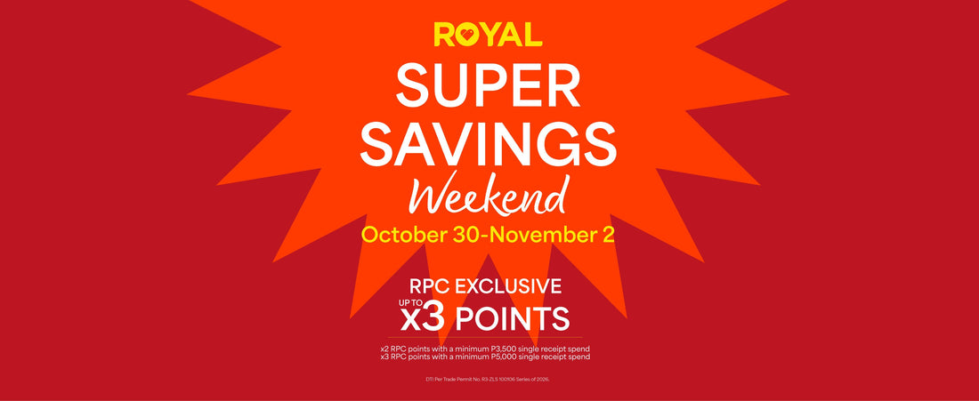 A red banner with a bright red graphic star, featuring white promotional text about the Super Savings Weekend for Royal Duty Free, happening from October 30 to November 2, 2026.