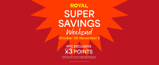 A red banner with a bright red graphic star, featuring white promotional text about the Super Savings Weekend for Royal Duty Free, happening from October 30 to November 2, 2026.