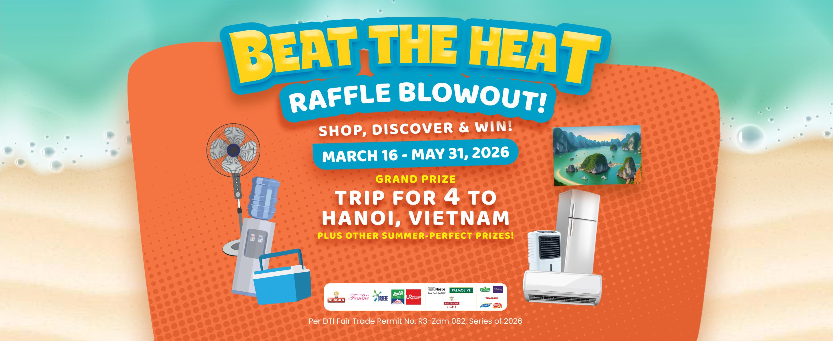 Banner with promo details and photos of Royal Duty Free's Beat The Heat Raffle Blowout in the middle.