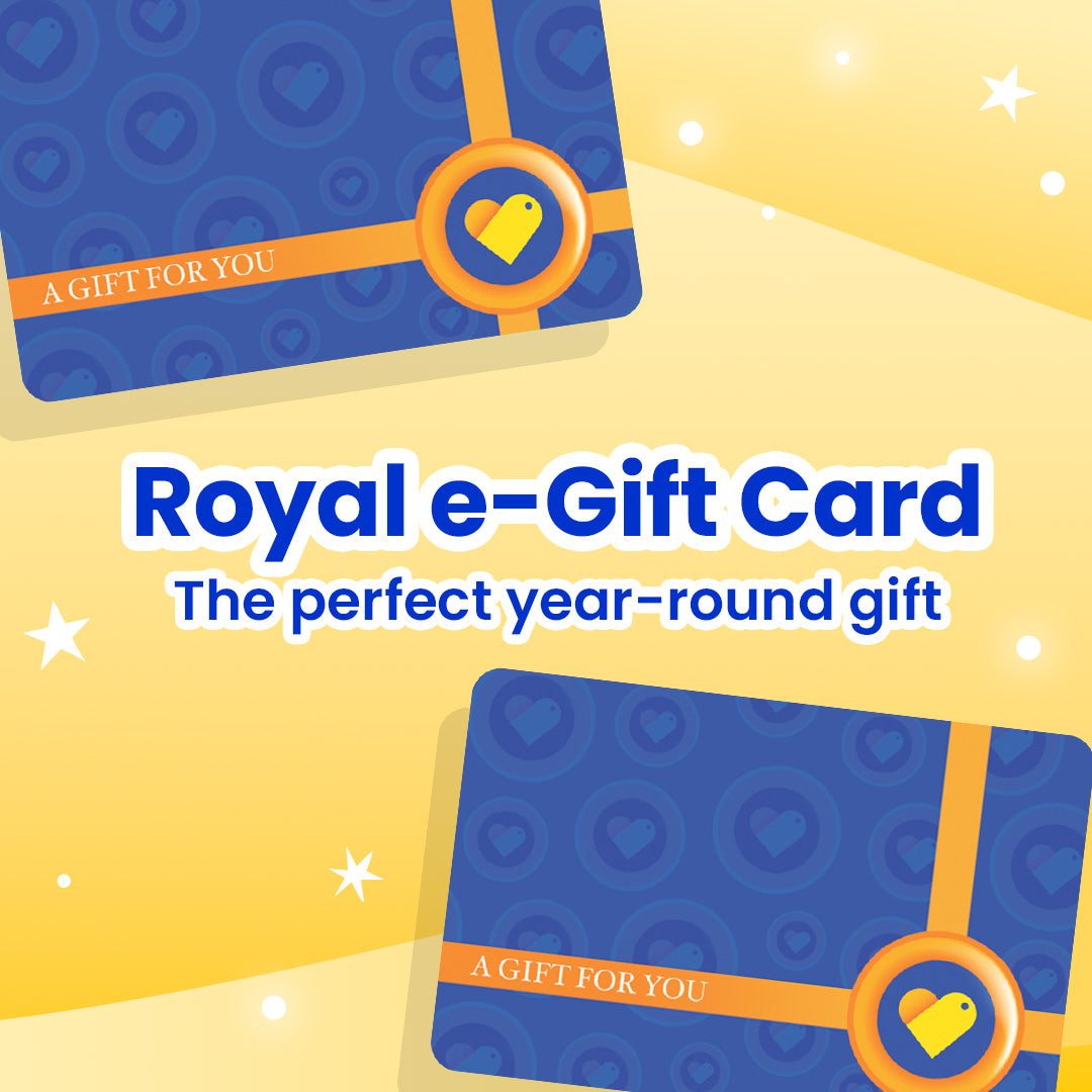 Illustration of two Royal Duty Free gift cards on yellow background with stars and ribbons. Text in the center says Royal e-Gift Card, the perfect year-round gift.