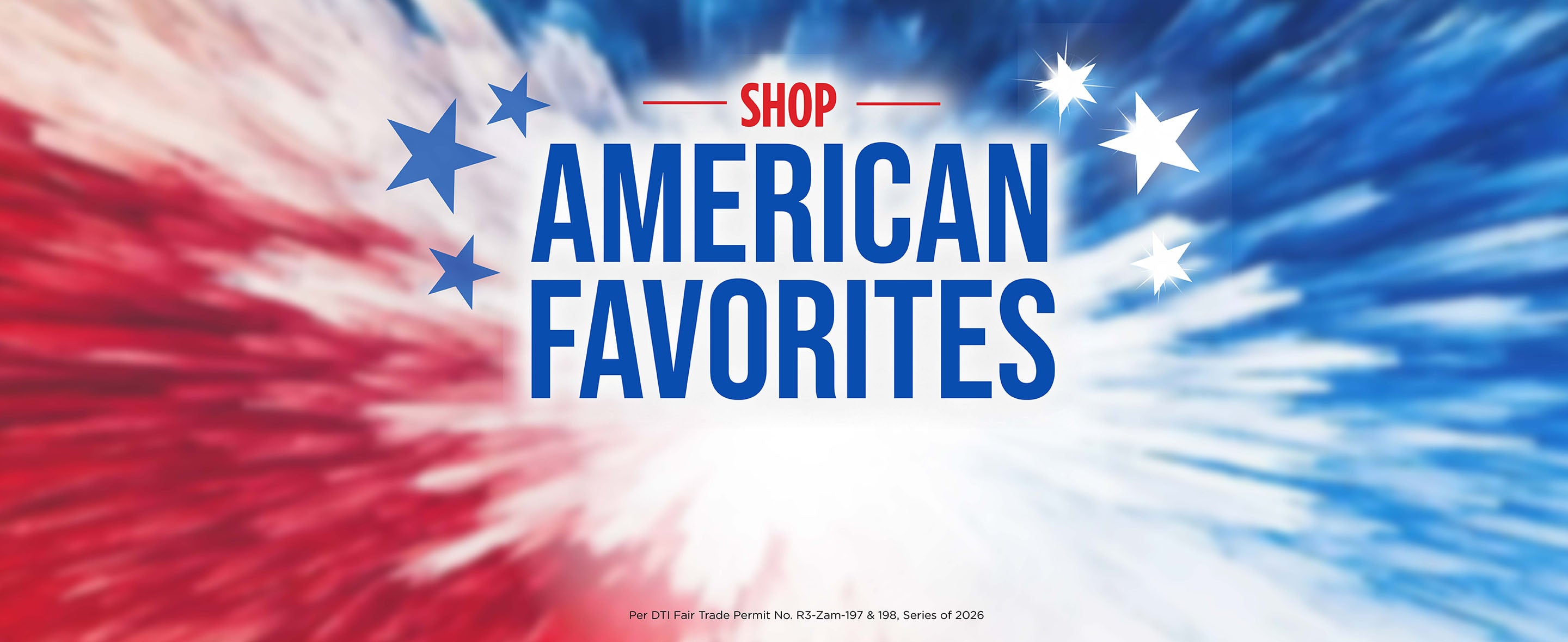 A white, blue, and red banner with Shop American Favorites title in the middle and 3 blue stars on the left and 3 white stars on the right.