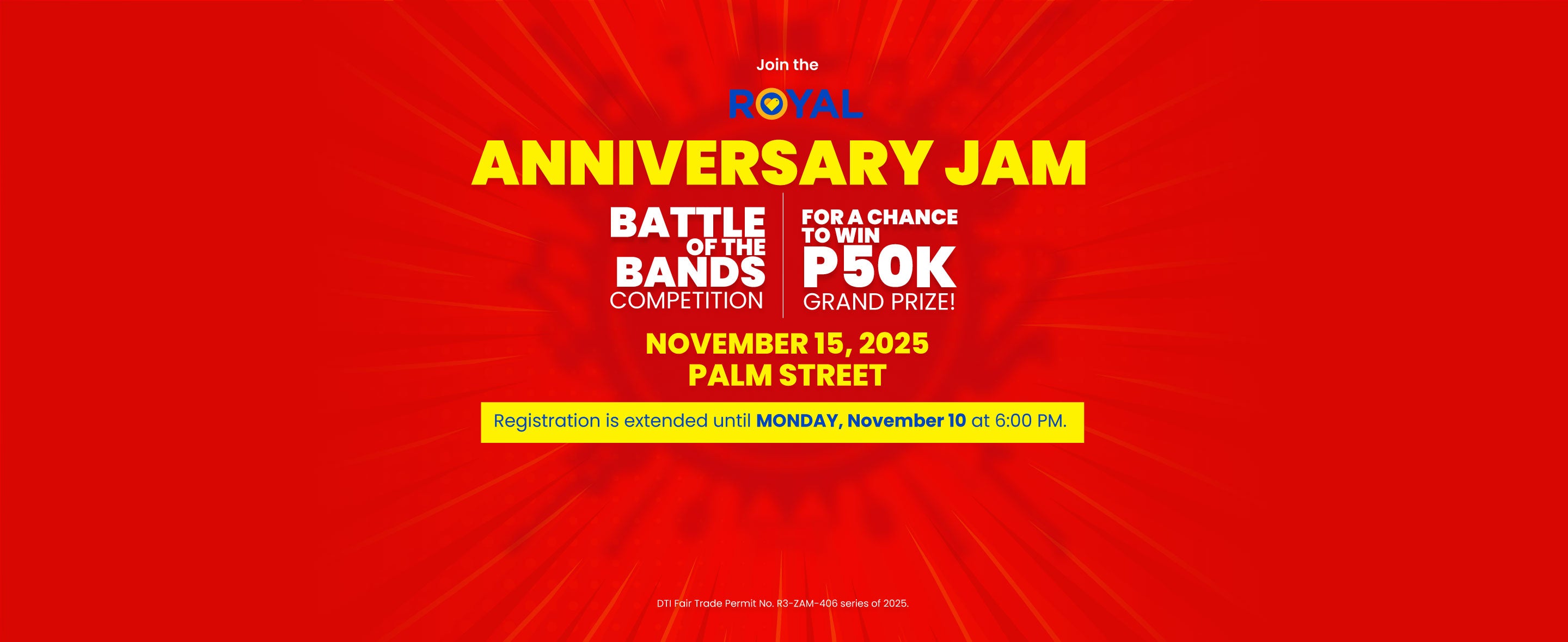 A red banner with event details of Royal Anniversary Jam Battle of the Bands competition in the middle. 