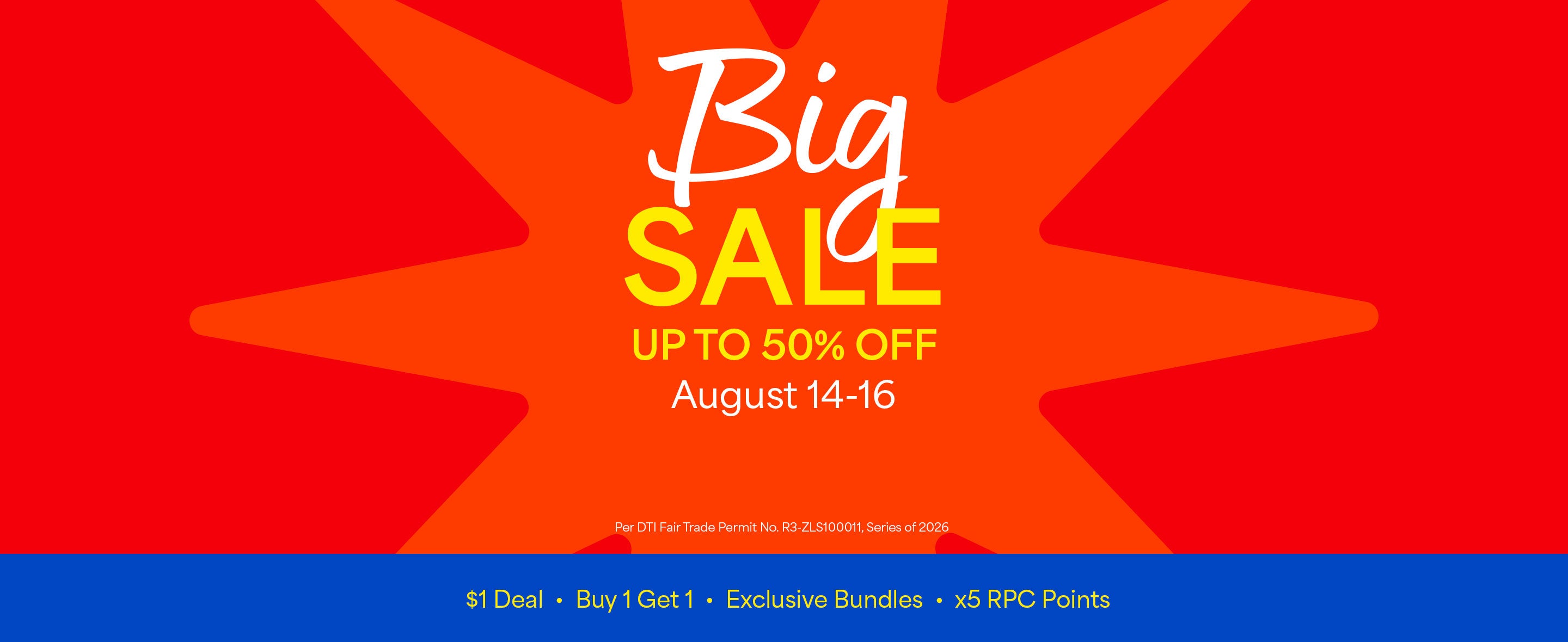 Red banner with orange star in the middle featuring a Big Sale text and promo details in the middle and a blue line at the bottom with more promo offers. 
