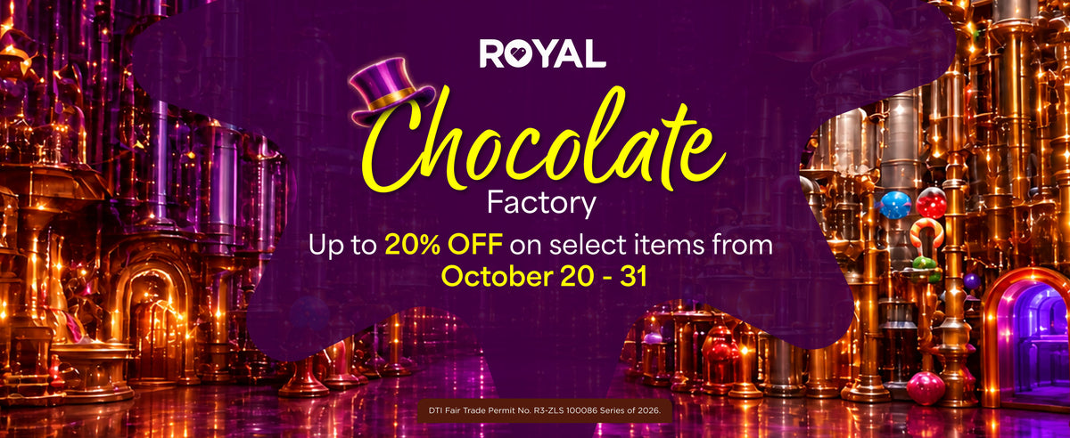 A banner featuring a candy factory with a purple splash and promotional text about the Royal Chocolate Factory sale from October 20 to 31.