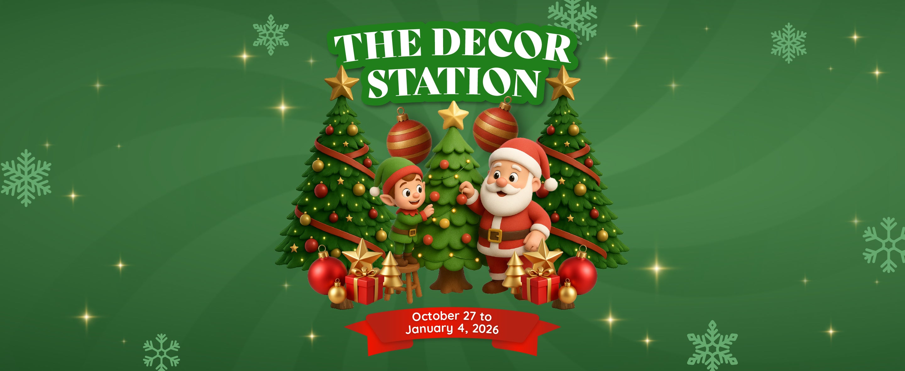 Green banner for Royal's The Decor Station catalog with a small Christmas tree, Santa, and an Elf in the middle, and dates below.