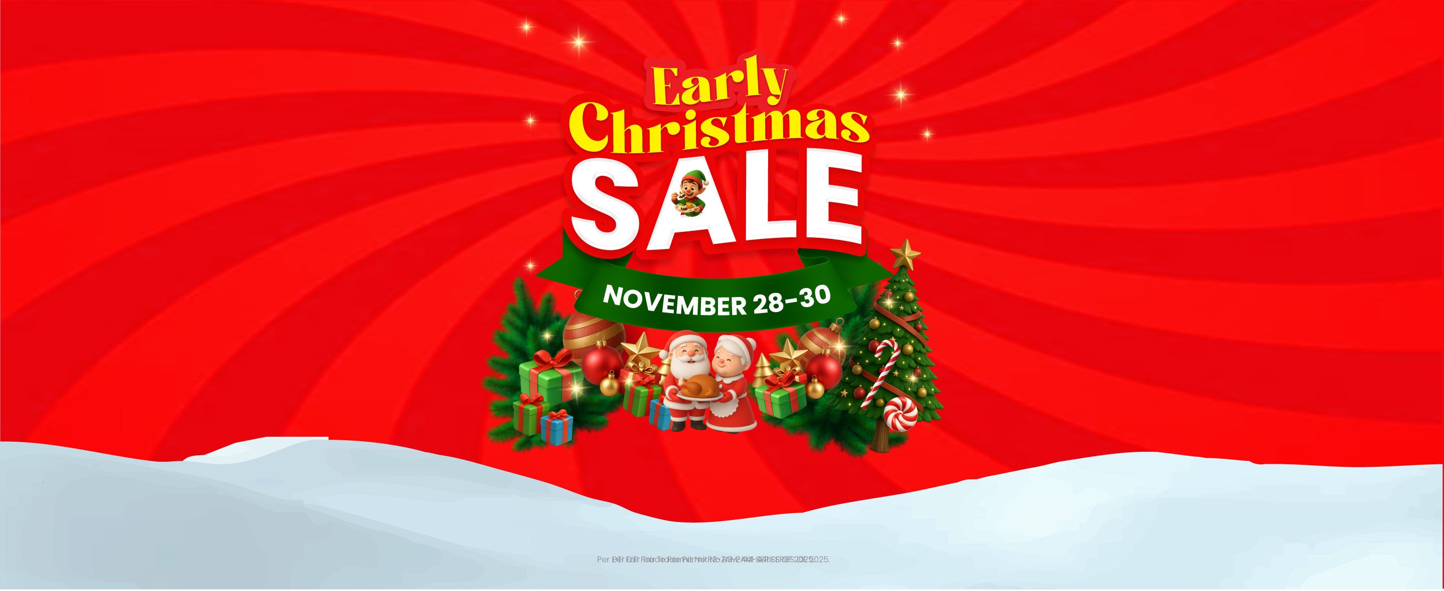 Red and white banner for Royal's Early Christmas Sale with a small Christmas tree, Mr. and Mrs. Klaus, gift boxes and Christmas ornaments below. 
