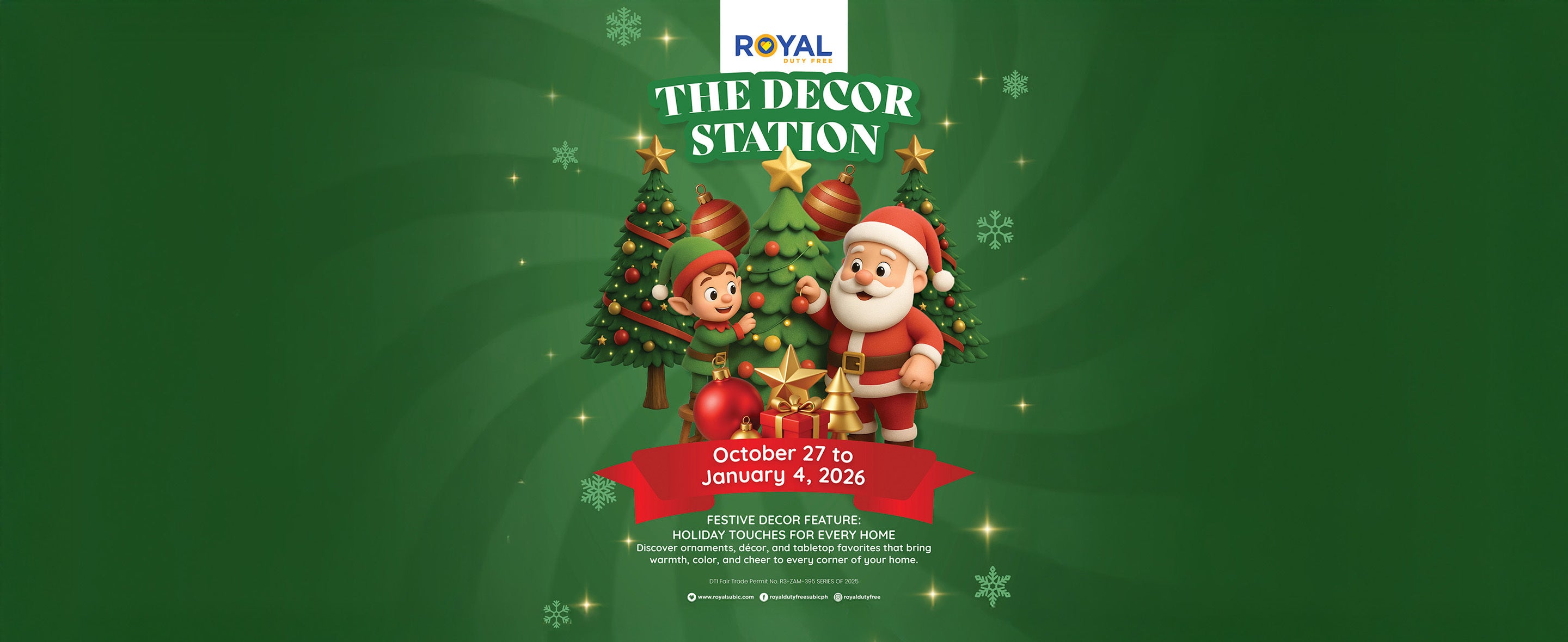 Green banner for Royal's The Decor Station catalog with a small Christmas tree, Santa, and Elf in the middle and event information below.