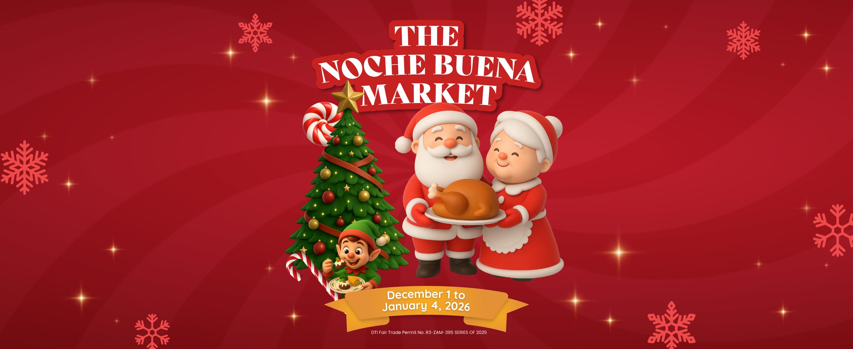 Red banner for Royal's Noche Buena Market Catalog with a small Christmas tree, Mr. and Mrs. Klaus, an elf in the middle, and a yellow banner below with dates. 