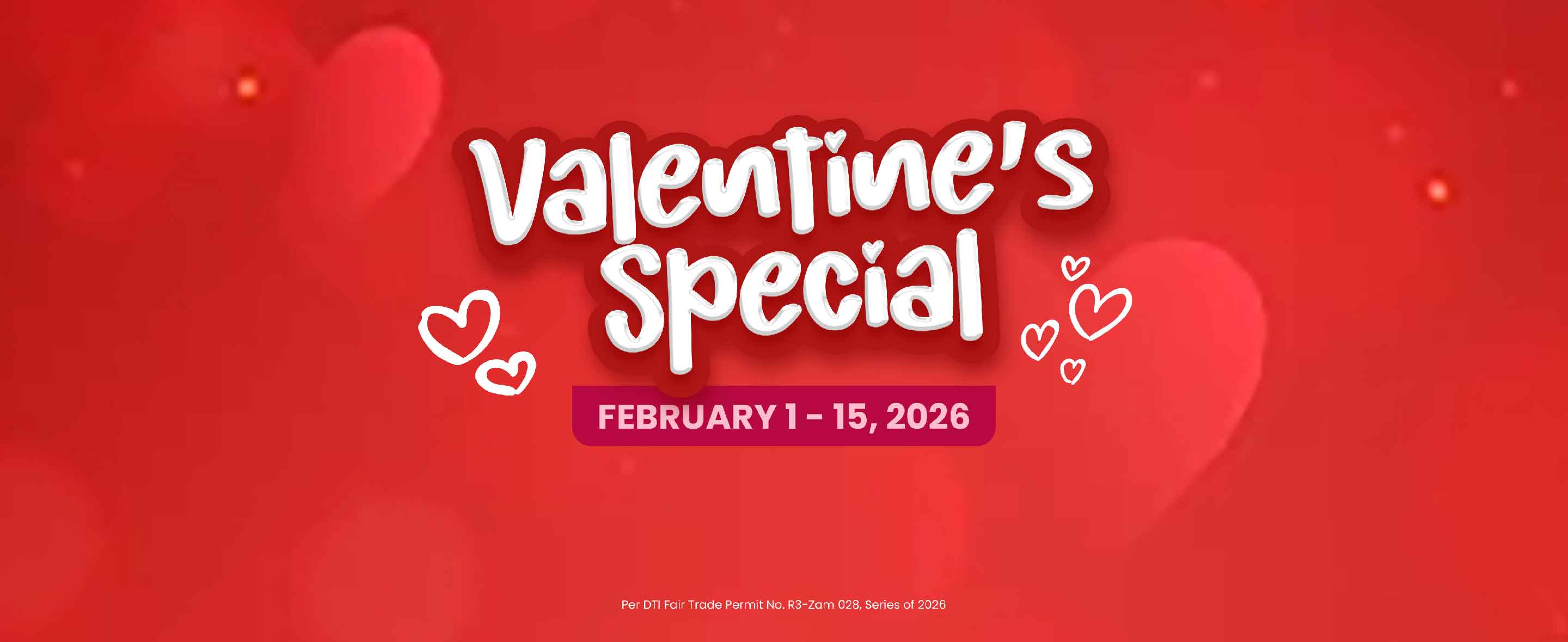 Red banner with faded hearts in the background and the Valentine's Special title in the middle with event date below. 