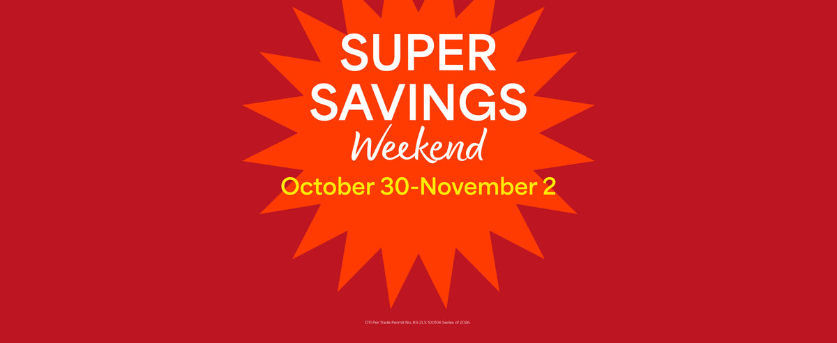 A red banner with a bright red graphic star, featuring white promotional text about the Super Savings Weekend for Royal Duty Free, happening from October 30 to November 2, 2026.
